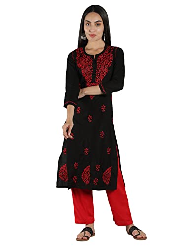 Image of Seva Chikan Hand Embroidered Lucknowi Chikankari Cotton Kurta Kurti for Womens SCL4219