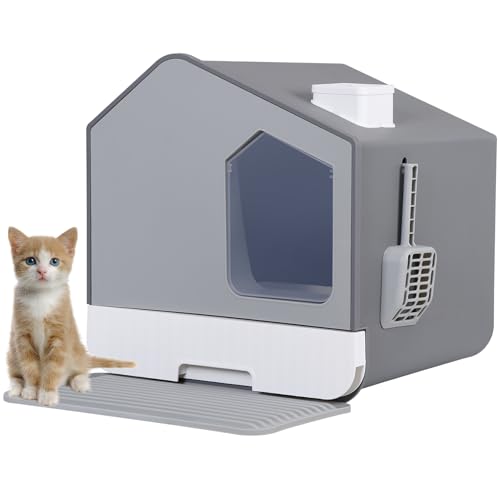Epetlover Large Enclosed Cat Litter Box with Mat and Scoop Covered Cat Litter Pan, Gray