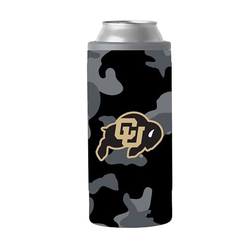 Logo Brands NCAA Colorado Buffaloes Black Camo 12oz Slim Can Coolie - Stainless Steel, Double-Wall Insulated, Removable Rim for Cocktail Tumbler Use