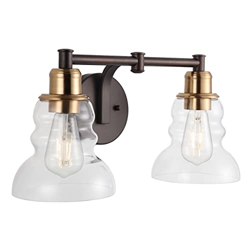 Image of JONATHAN Y 18.5 inch Brass Gold /Oil Rubbed Bronze Modern Industrial Rustic 2-Light LED Vanity Light with Clear Glass Shade, Vintage Wall Sconce for Bathroom Kitchen Hallway, LED Bulb Included (JYL3545A)