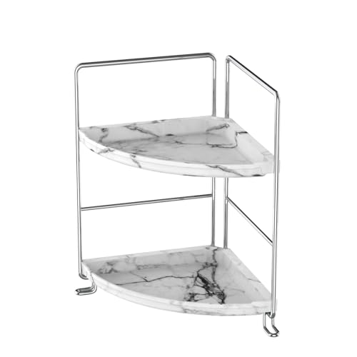 JANUS LiANG 2-Tier Corner Bathroom Organizer, Countertop Perfume Makeup Shelf Cosmetics Storage Shelf Display Rack Vanity Shelf,Kitchen Spice Rack,PP Imitation Marble Design,Tool-Less Install(Silver)