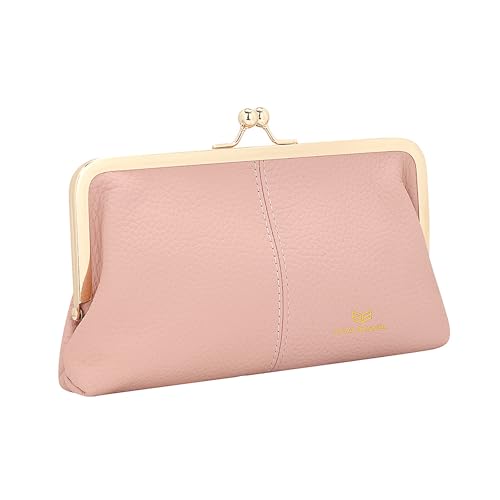 Image of Royal Bagger RFID Kiss Lock Wallet, Solid Color Multi-card Slots Card Holder, Genuine Cow Leather Clutch Purses for Women 1468 (Pink)
