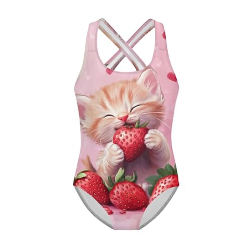 Girls One Piece Cat Swimsuits Quick Dry Cartoon Beach Bathing Suit Crossback Swimwear for Kids 5-14 Years