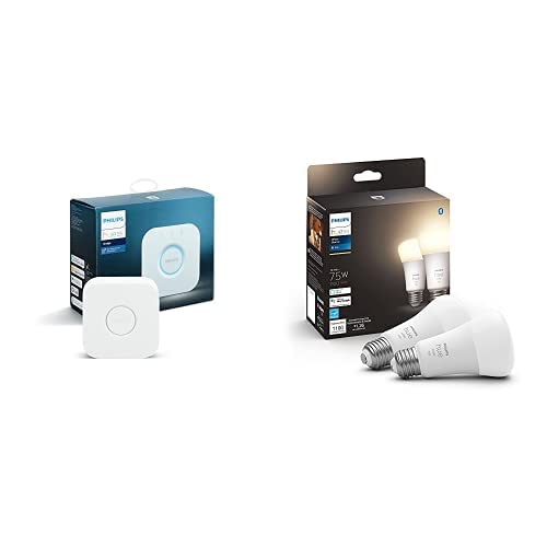 Philips Hue 2-Pack White A19 Medium Lumen Smart Bulb, 1100 Lumens, White (Dimmable Only) & Bridge Smart Lighting Hub (Compatible with Amazon Alexa, Apple HomeKit and Google Assistant) - White
