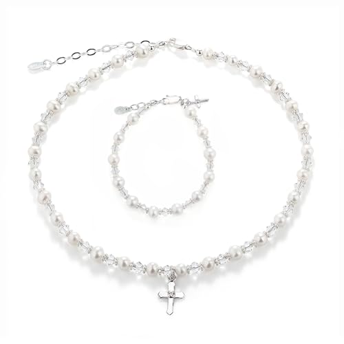 Precious Pieces Children's Sterling Silver Cross Bracelet and/or Necklace with Cultured Pearl and Crystal First Communion, Baptism or Christening Gift
