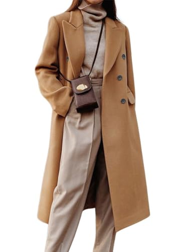 chouyatou Women's Double Breasted Wool Coat Notched Lapel Collar Winter Pea Coat Overcoat Long Jackets