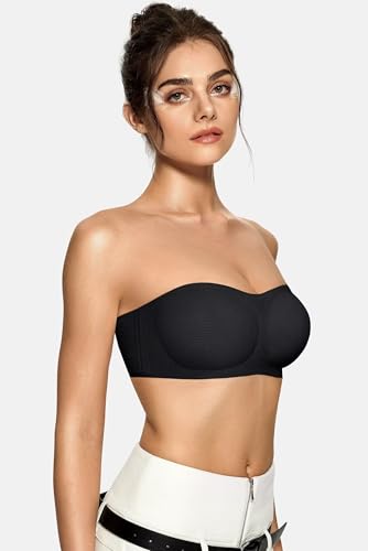 Image of Vertvie Push Up Strapless Bra for Women Non-Slip Wireless Bandeau Bras Padded Tube Top Supportive Bralette(Black,Large,Plain Jersey)