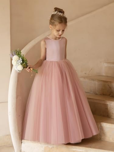 MCieloLuna Flower Girls Dresses for Wedding Satin Tulle Princess Pageant Dress Kids Pearls Prom Ball Gowns with Bow-Knot2