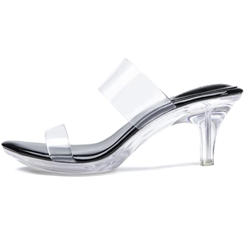Image of NBUUNBU Clear Heels for Women Silver Black Heels Little Platform Sexy High Heels Sandals Stiletto Kitten Open Toe Dress Shoes Comfortable Double Transparent Strap Heeled Sandals Mule