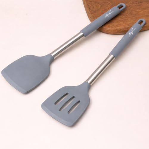 Image of Signamio Silicone Spatula and Turner Set of 2 with Steel Handle - Non-Stick Pan Compatible for Cooking, Baking, and More - Durable for Kitchen Use-Grey