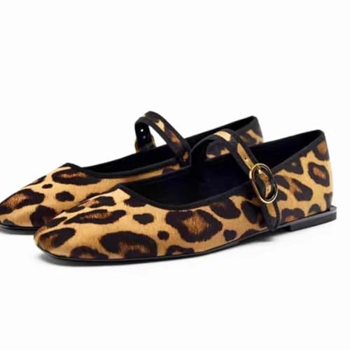 Women's Leopard Print Mary Jane Flats Square Toe Bow Tie Ballet Flats for Women Buckle Strap Comfortable Ballerina Shoes2