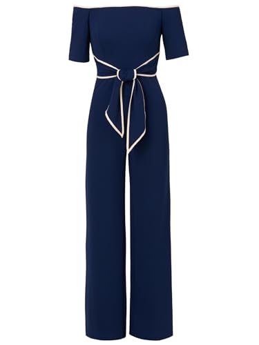 Adrianna Papell Women's Knit Crepe Tie Jumpsuit, Navy Sateen/Ivory, 16