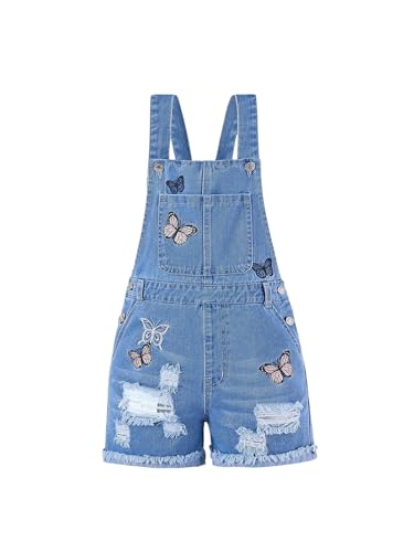 WDIRARA Girl's Floral Embroidered Denim Overall Shorts