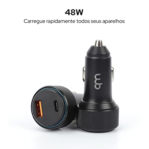 WB Carregador USB-C e USB-A rápido Veicular com duas entradas 48W, Preto