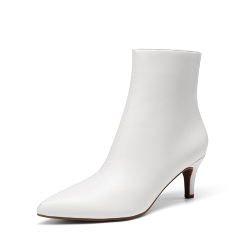 DREAM PAIRS Women's Kitten Heel Ankle Boots Pointed Toe Side Zipper Fall Leather Ankle Booties for Office Work,Size 6.5,White,DWUMAB2516
