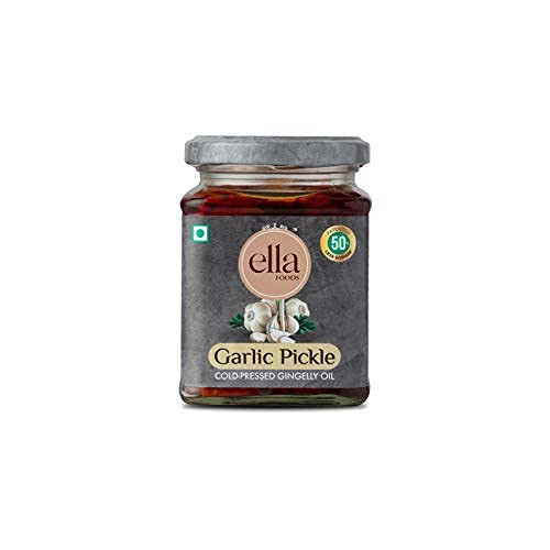 Ella Spices Low Sodium Garlic Pickle 250g (8.8oz)| Cold Pressed Seasame Oil| Homemade Pickle| Made With Cryogenic Spices| 50% Low In Sodium| Aachar| Pickle| Indian Flavour| Lasun Ka Aachar