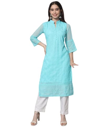 Image of Ekasya Women's Georgette Embroidered Work Kurta with Notch Neck 3 /4 Sleeves Straight Cut Calf Length | E1547