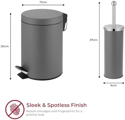 iTrend 3L ペダルダストビンとトイレブラシホルダーセット - バスルームアクセサリー - 蓋付きパウダーコーティングスチールビン - ステンレススチールハンドル、ラウンドリッド、高密度ブラシ付きトイレブラシ - グレー, JGJNV157