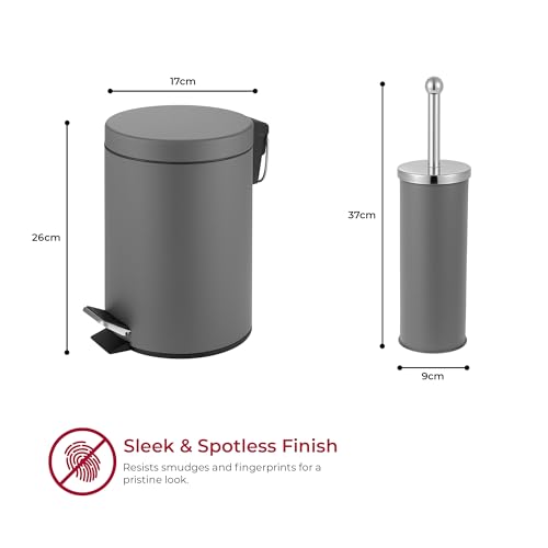iTrend 3L Pedal Dustbin and Toilet Brush with Holder set - Bathroom Accessory - Powder Coated Steel Bin with lid - Toilet Brush with Stainless Steel Handle, Round Lid and Dense Bristles - Grey