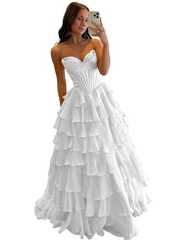 Mollyevers Strapless Corset Prom Dresses for Women Long Tiered Ruffle Chiffon Formal Evening Gowns with Slit