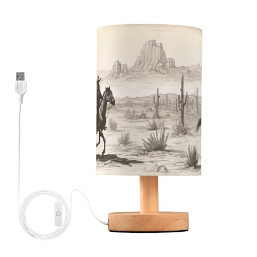 SKYSHU Western Cowboy Bedside Table Lamp, Small LED Desk Light USB Nightstand Lamp with Non Slip Wood Base & Eye-Friendily Lampshade for Living Room Bedroom Dorm Home Office Desk Decor