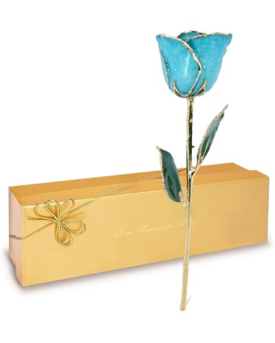 Forever Rose Hand-Dipped in 24K Gold, Aquamarine-Inspired March Birthstone with