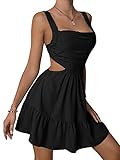 OYOANGLE Women's Cut Out Ruched Sleeveless Backless Ruffle Hem Short Cami Dress Black M