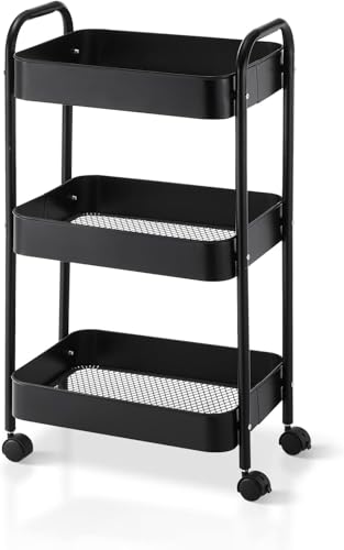 SKY-TOUCH 3-Tier Kitchen Storage Trolley on Wheels Rolling Utility Carts Mobile Storage Serving Trolley Metal Cart for Dining Room, Bathroom, Laundry, Living Room, Organizer (Black) 40×30×77 cm