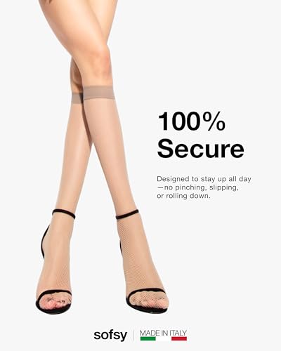 Image of sofsy Italian-Made Soft Fishnet Stockings for Women | 10-Year Hosiery Craftsmanship, Soft Dual Silicone Lace Top, Thigh Highs, Small Grid, Dig-Free, Stretchy