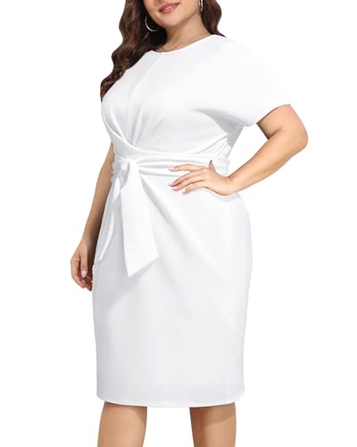 Pinup Fashion Plus Size Dresses for Women Wedding Guest Short Sleeve Tie Front Waist Belted Pencil Work Knee Dress4