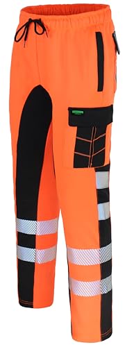HASHOOB TRADING FZE Men's Hi Viz Fleece Work Trousers Jogger Multi Pocket Hi Vis Workwear Pants (12-Orange, XL)