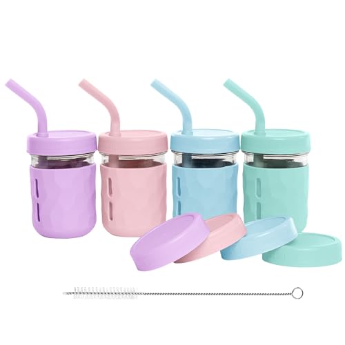WeeSprout Glass Cups With Lids & Straws Spill-Resistant Smoothie Jars for Toddlers & Kids Baby Food Storage & Snack Containers XL Silicone Straw Easy-grip Sleeves Set of Four Dishwasher Safe