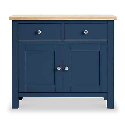 RoselandFurniture Farro Blue Small Sideboard for Living Room | Fully Assembled Painted Storage Cabinet Solid Wood 2 Door Cupboard Unit with 2 Drawers & Oak Top for Kitchen, Dining Room or Hallway - Image 4