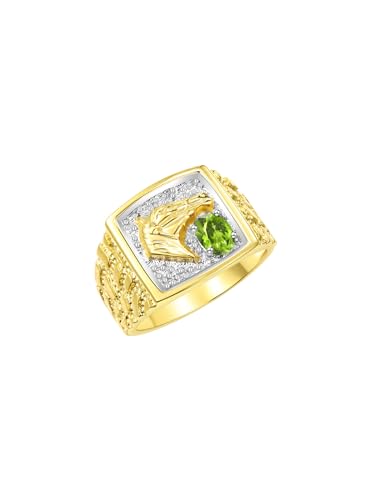 Image of Rylos Men's Yellow Gold-Plated Sterling Silver Lucky Nugget Horse Head Ring with 6X4MM Gemstone and Diamonds - Birthstone Elegance for Men, Sizes 8-13 Available