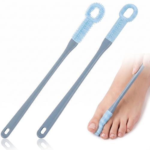 2 Pack Toe Cleaning Brush with Long Handle Soft Rubber Toe Cleaner & Foot Scrubber for Shower Exfoliating Foot Brush for Seniors Men & Women (Blue)