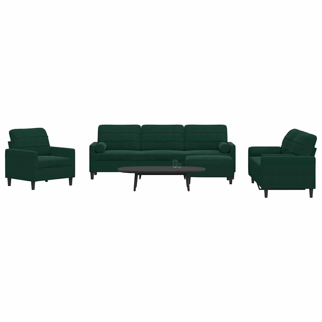 4-częściowy zestaw wypoczynkowy z poduszkami i rolkami pod kark, ciemnozielony aksamit, sofa narożna z taboretem, meble tapicerowane do salonu i pokoju gościnnego, wygodna sofa do spania