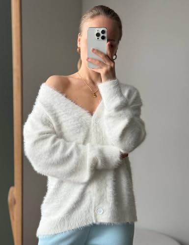 Wyeysyt Fuzzy Cardigans for Women Slouchy V Neck Long Sleeve Button Down Oversized Casual Furry Sweater 20253