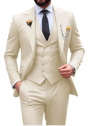 Mens Suit Slim Fit 3 Piece Double Breasted Suit Men Formal Tuxedo Set Casual Wedding Prom Groom Suits, Cream, M