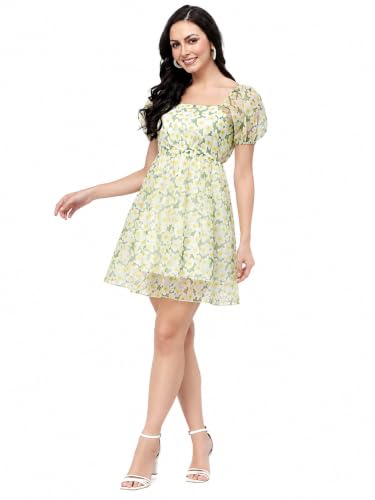 Image of Women Floral Organza Skater Dress Fit & Flare Short Dress Knee Length,Sizes S-XXL