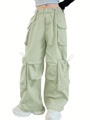 Image of Girls Cargo Pants Wide-Leg Straight Streetwear, 6-14 Years | Elastic Drawstring Vintage Baggy Pants Y2K School Casual