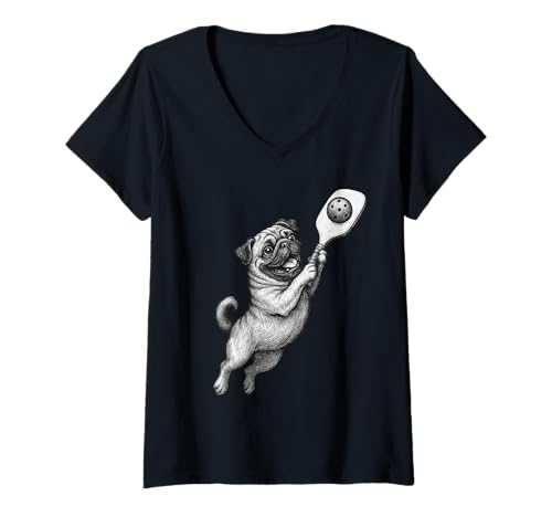 Mujer Pug Playing Pickleball Deportes Perros Amante Camiseta Cuello V