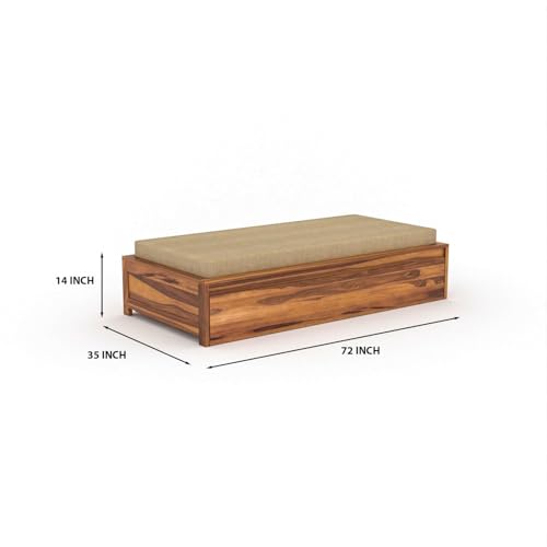 Image of Wooden Single Size Bed for Living Room, Drawing Room & Bedroom | Space Saving Wooden Cot /Palang /Diwan with Trundle Drawer Storage | Solid Sheesham Wood | Honey Finish