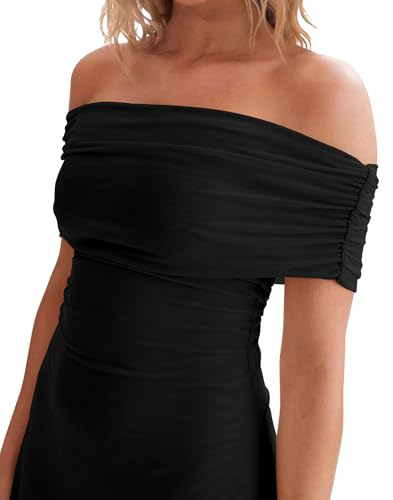 Image of HYPERFIRE Women's Off Shoulder Mesh Mini Dress Short Sleeve Ruched Dresses Cocktail Going Out