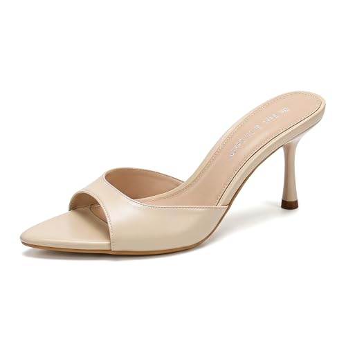 Image of On feet& in love Women's Slip-On Stiletto Heel Mule Sandals, Peep Toe, apricot, 2.95 Inch Heel, Casual Party Wedding Slides