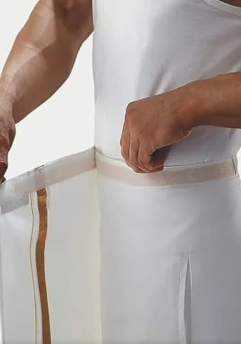Image of Adjustable Velcro with Pocket Cotton Dhoti with Gold Jari Border, For Men (28 to 44 inches)