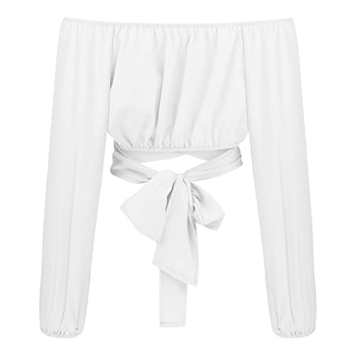 Off Shoulder Crop Top for Women Lantern Sleeve Waist Tie Blouse S-2XL4