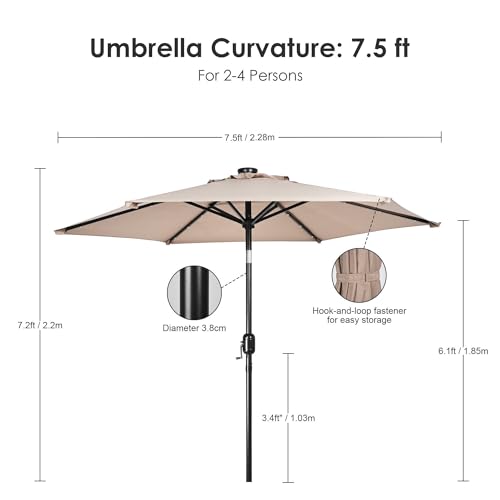 7.5 Ft Solar Patio Umbrella, Outdoor Market Table Umbrella with LED Lights, Tilt and Crank, Tan- Yardlab - Image 3