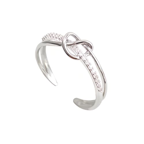 Bague en cuivre avec nœud en forme de cœur pour femme et zircones argentées modèle réglable