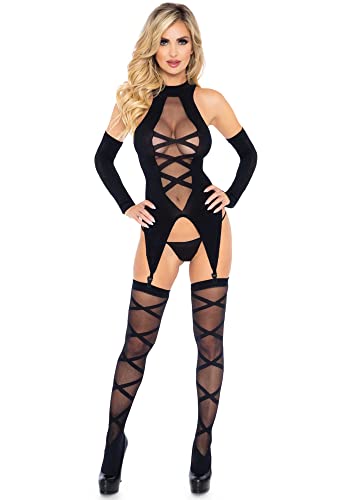 Image of Leg Avenue Women's Cami Garter and Stockings with Fingerless Gloves Lingerie Set