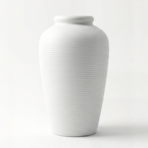 Image of Luna White Textured Decorative Ceramic Vase, 27 cm Tall, Modern Curved White Vase for Dried Flowers, Pampas Grass, Shelf, Dining Table and Hallway Console Décor
